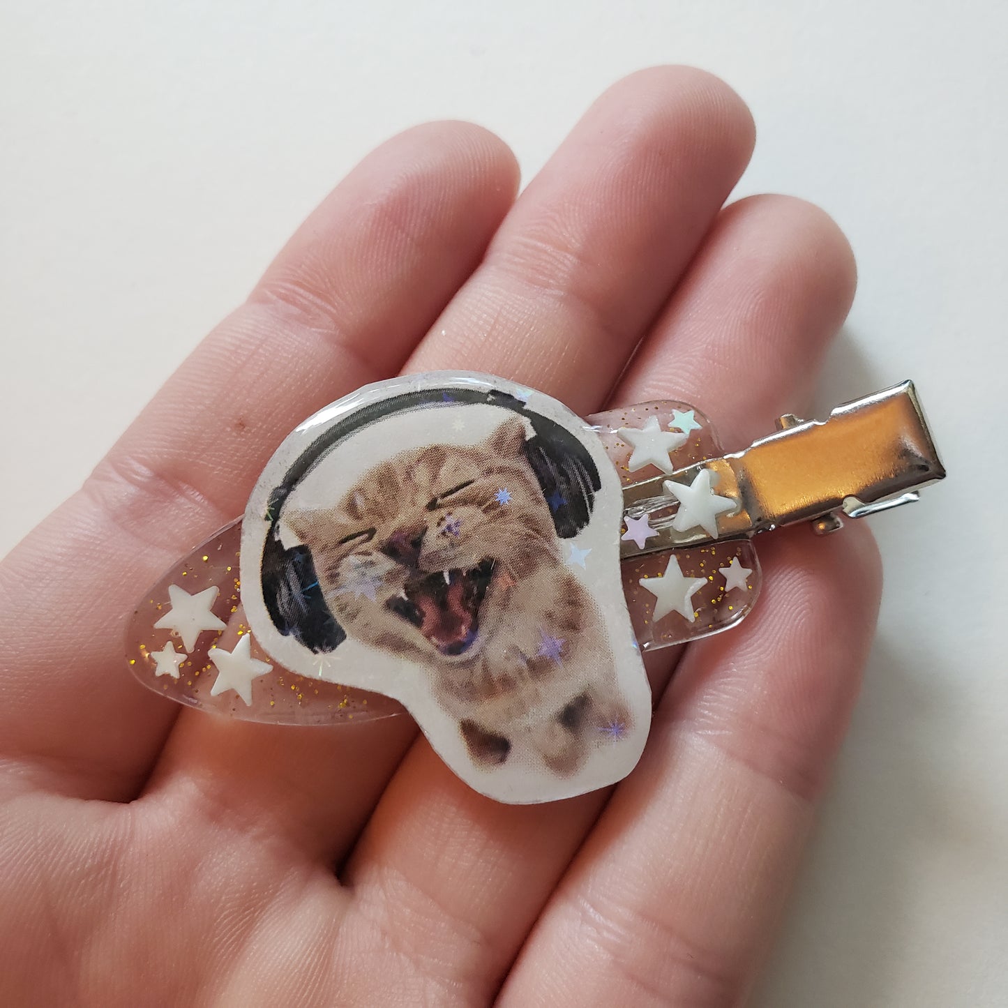 Cat With Headphones Handmade Hairclip