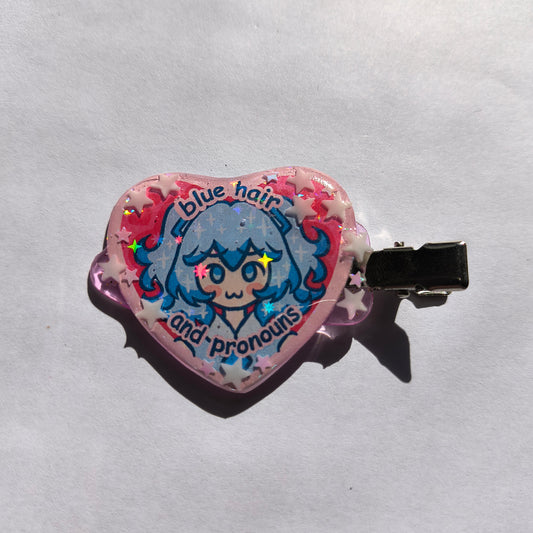 Blue Hair and Pronouns Miku Handmade Hairclip