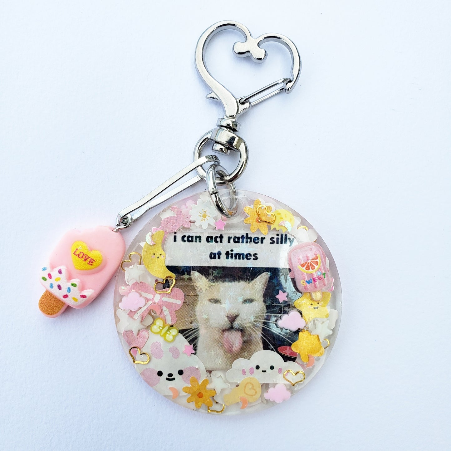"I can act rather silly" Cat Keychain (Pink + yellow)