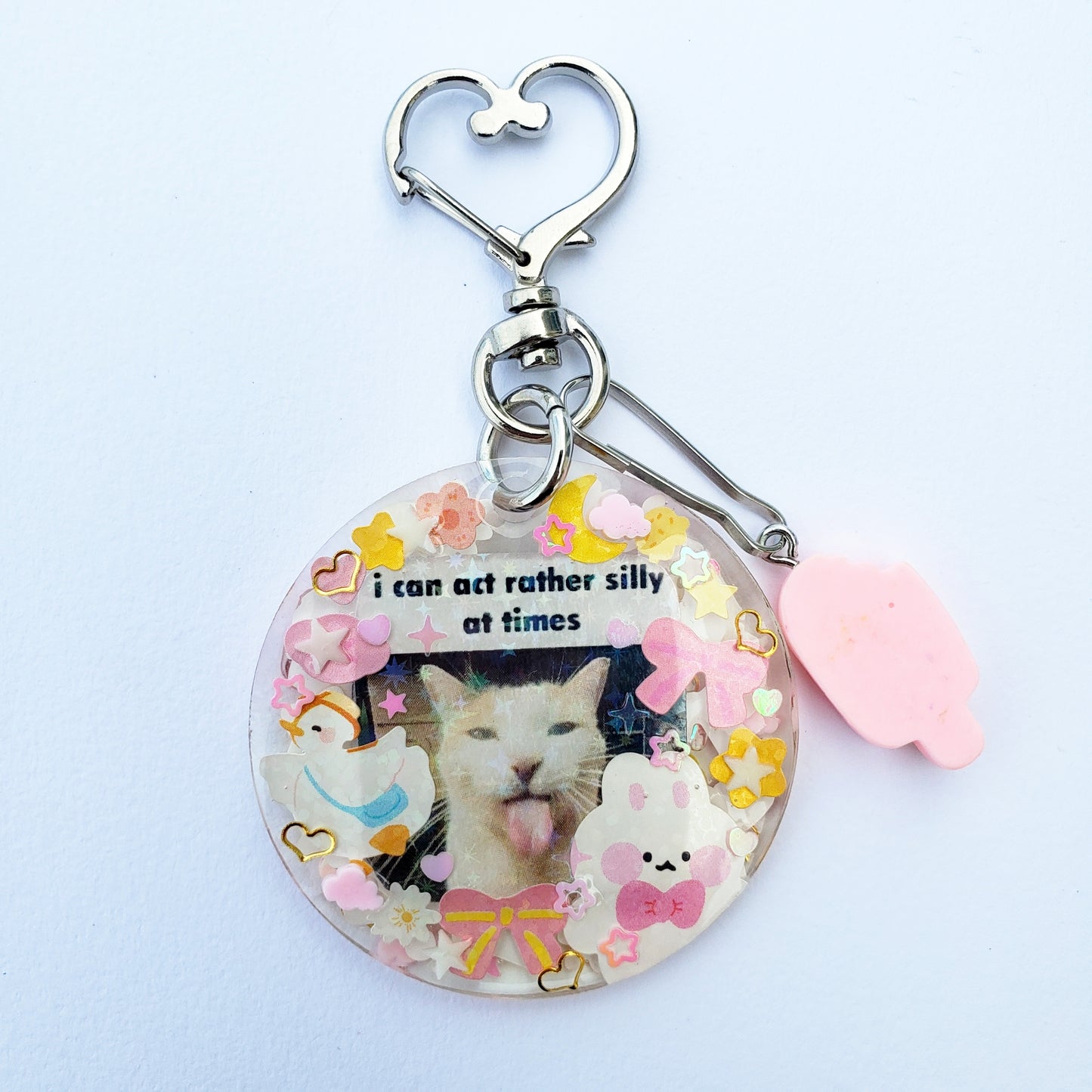 "I can act rather silly" Cat Keychain (Pink + yellow)