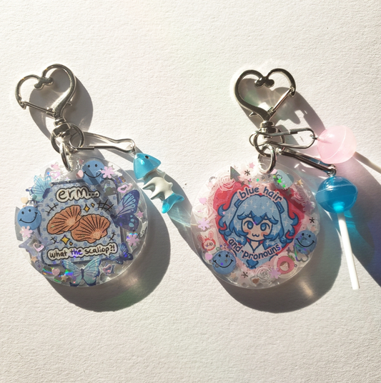 Pronouns Miku and What the Scallop Keychains (Not a set)