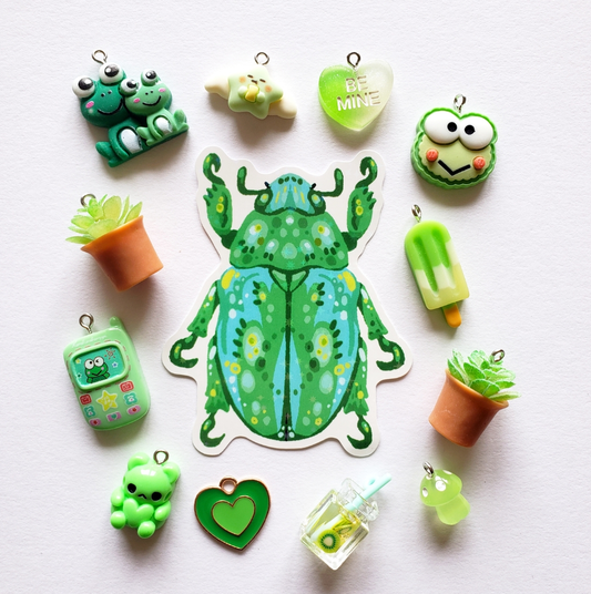 Green Beetle Original Art Sparkly Sticker